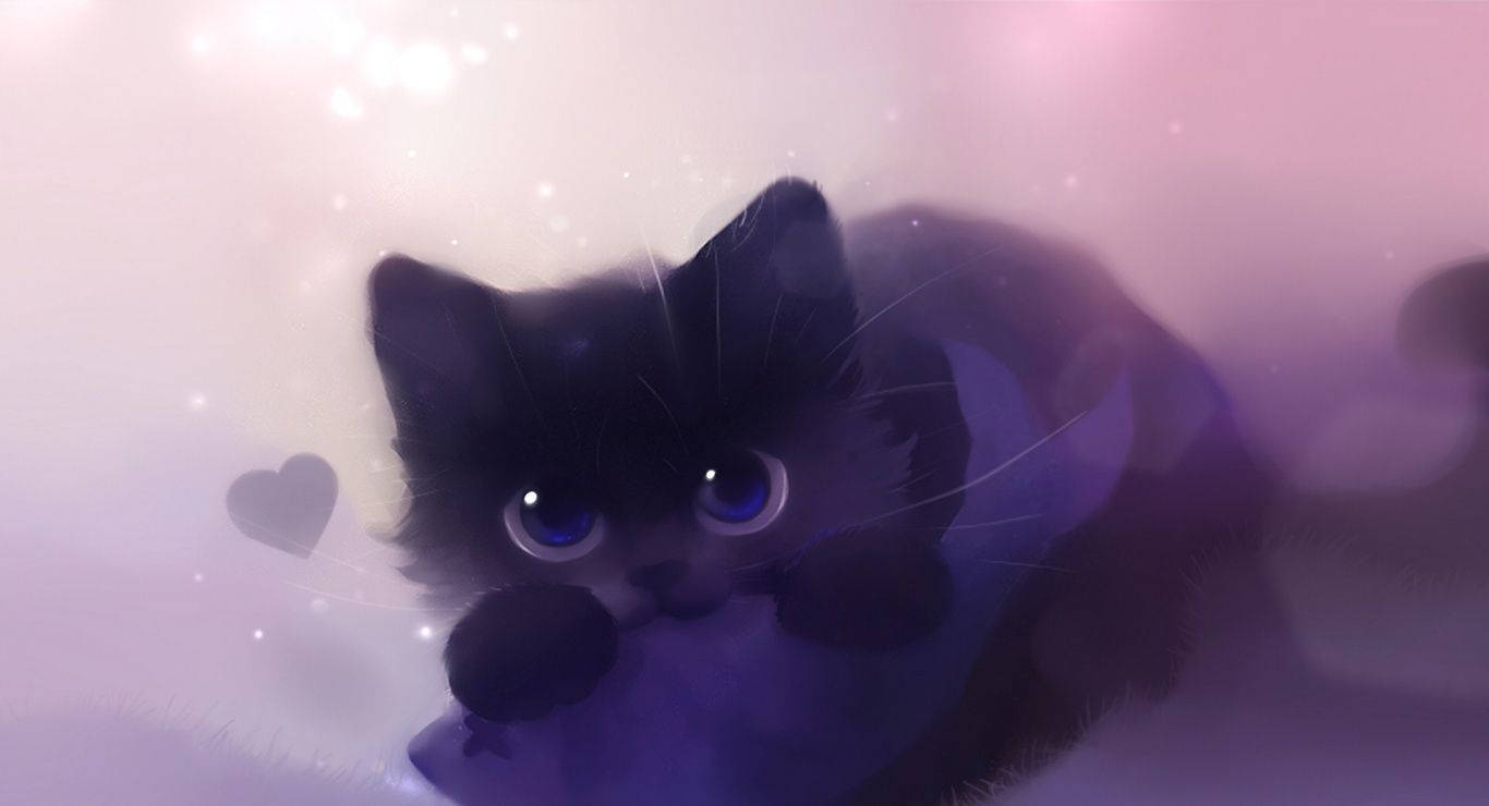 Um gatinho preto com olhos azuis envolto em um cobertor roxo em uma cena suave e brilhante.
