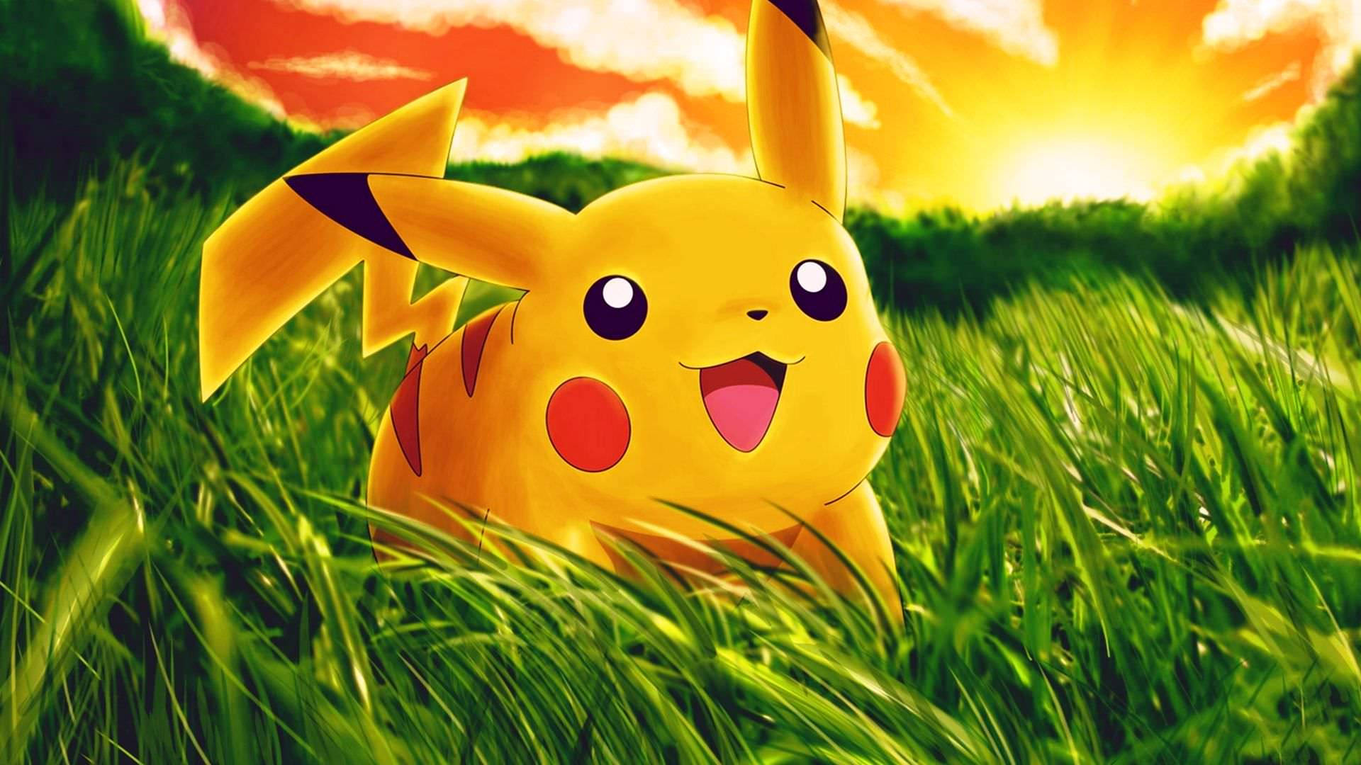 Pikachu amarelo sorrindo na grama alta ao pôr do sol