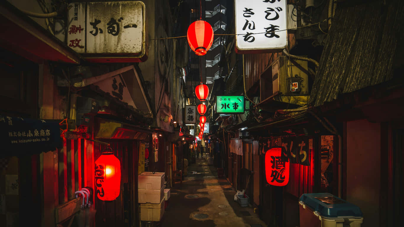 Narrow Tokyo alleyway lit by red lanterns and glowing neon signs at night.