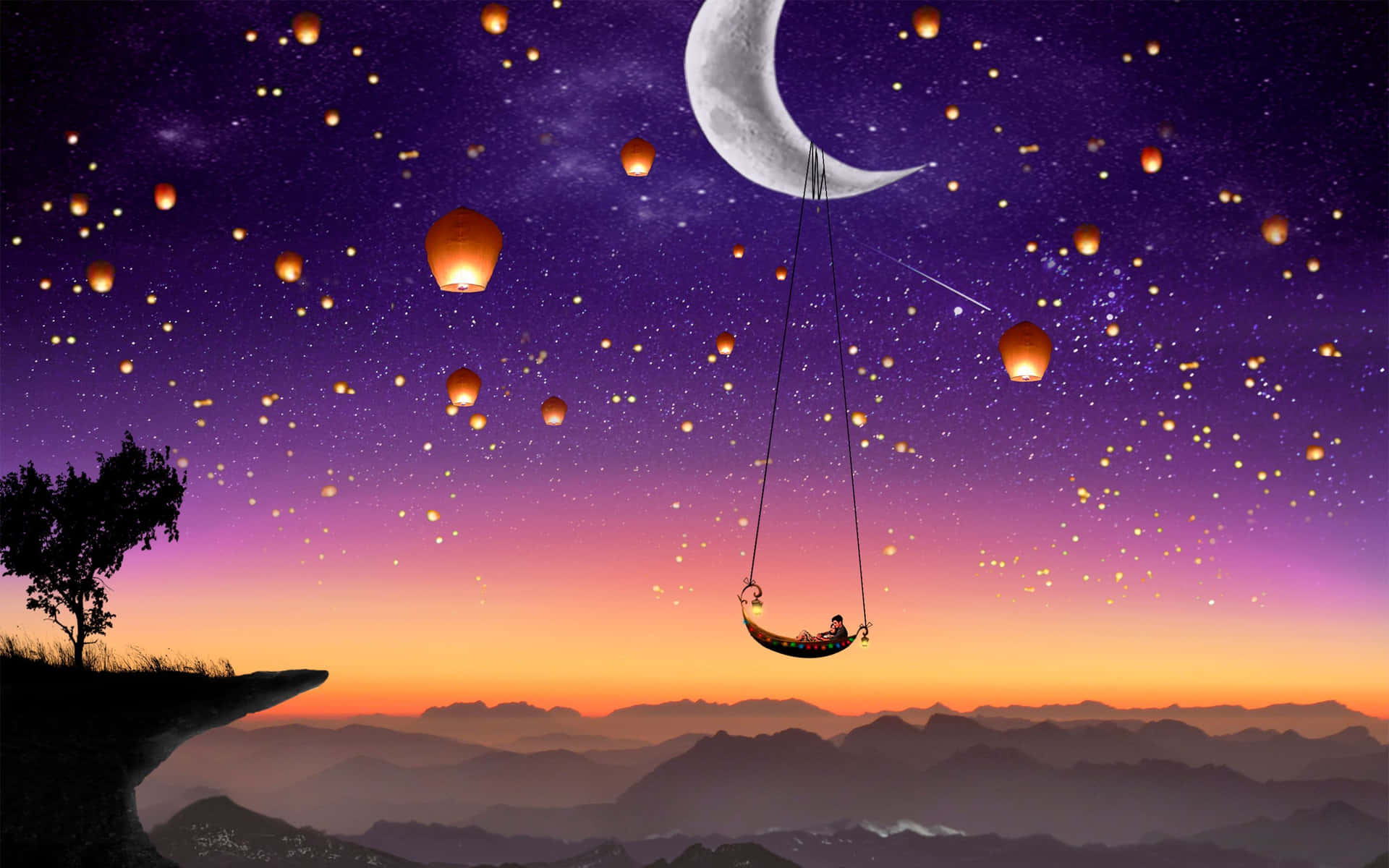 Person swinging on a hammock under a crescent moon with floating lanterns against a twilight mountain backdrop. — Dreams Wallpaper