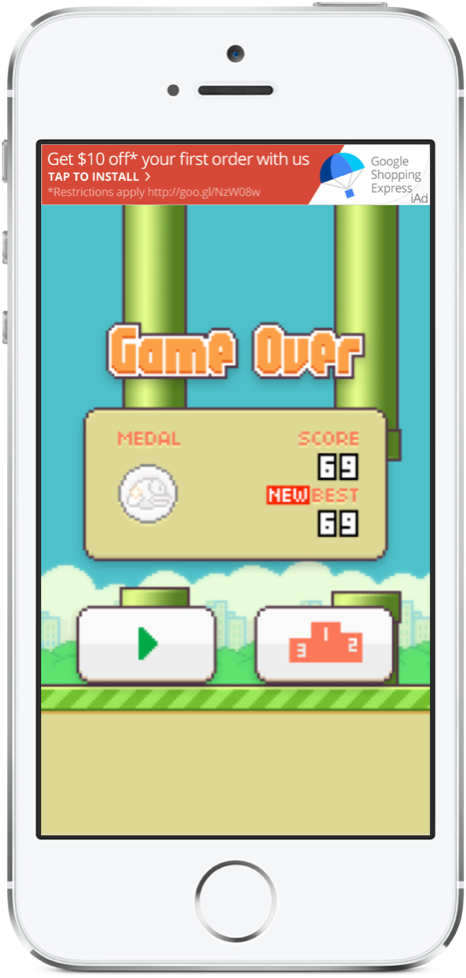 Pixelated game over screen on smartphone with score medal and restart options. — Telefone PNG Papéis de Parede