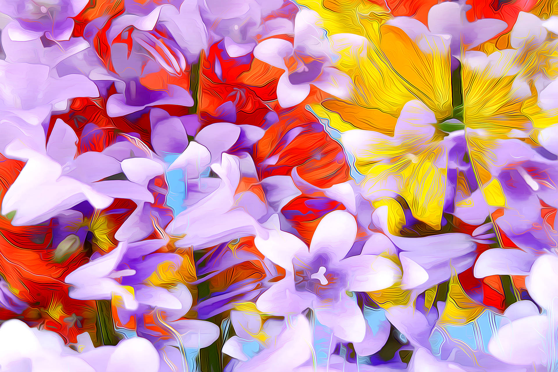 Arteabstracto floreciendo brillantemente Fondos de pantalla — Papel tapiz floral abstracto vibrante con pétalos morados, amarillos y rojos arremolinados en un estilo digital pictórico.