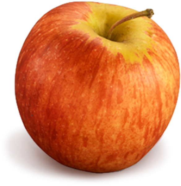 A ripe red apple with yellow streaks and stem on a white plate. — Manzana PNG Fondos de pantalla