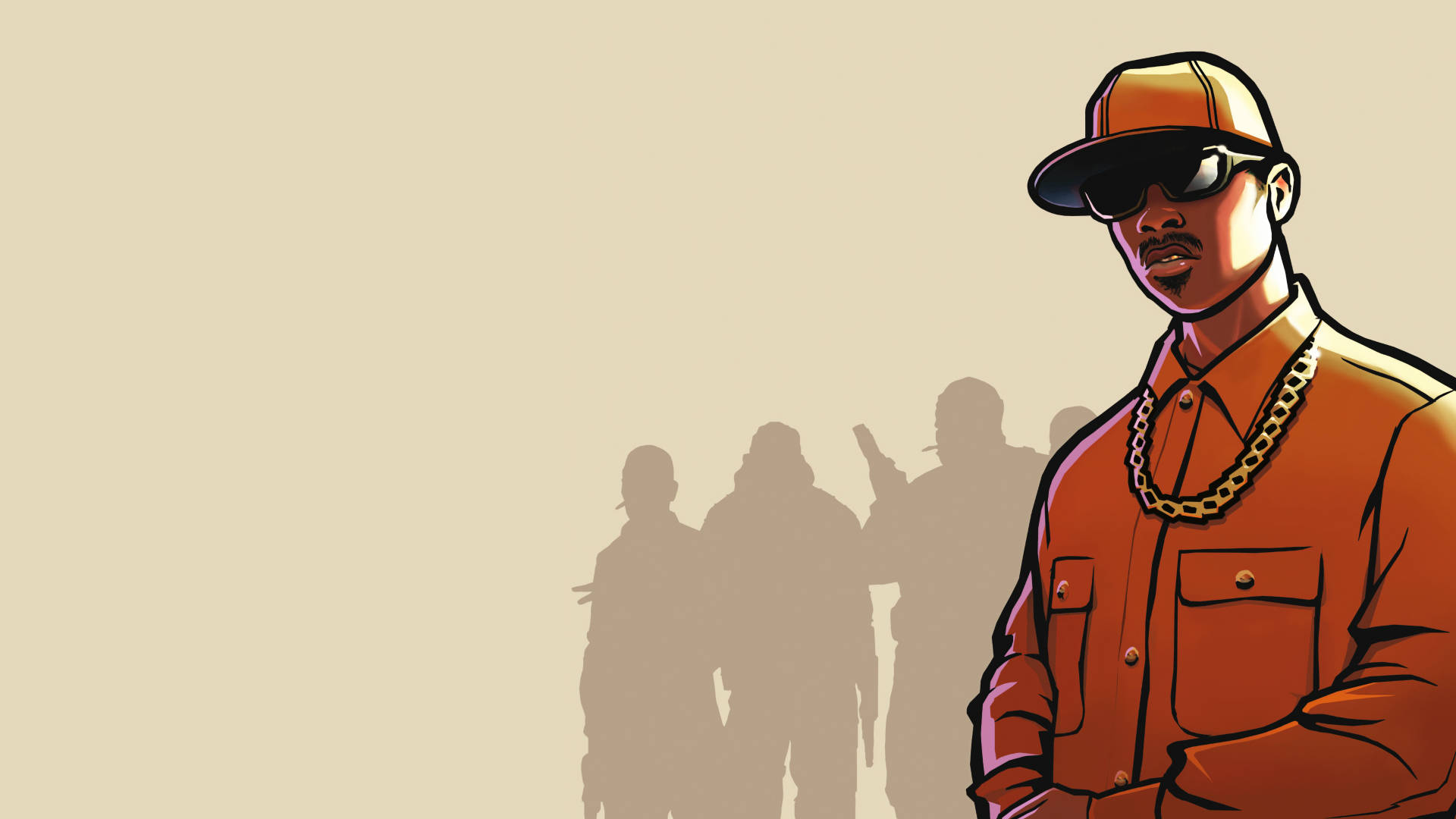 Ein Mann in orangefarbenem Hemd und Mütze mit einer Goldkette steht mit schattenhaften Gestalten hinter ihm. — Gangster Bilder