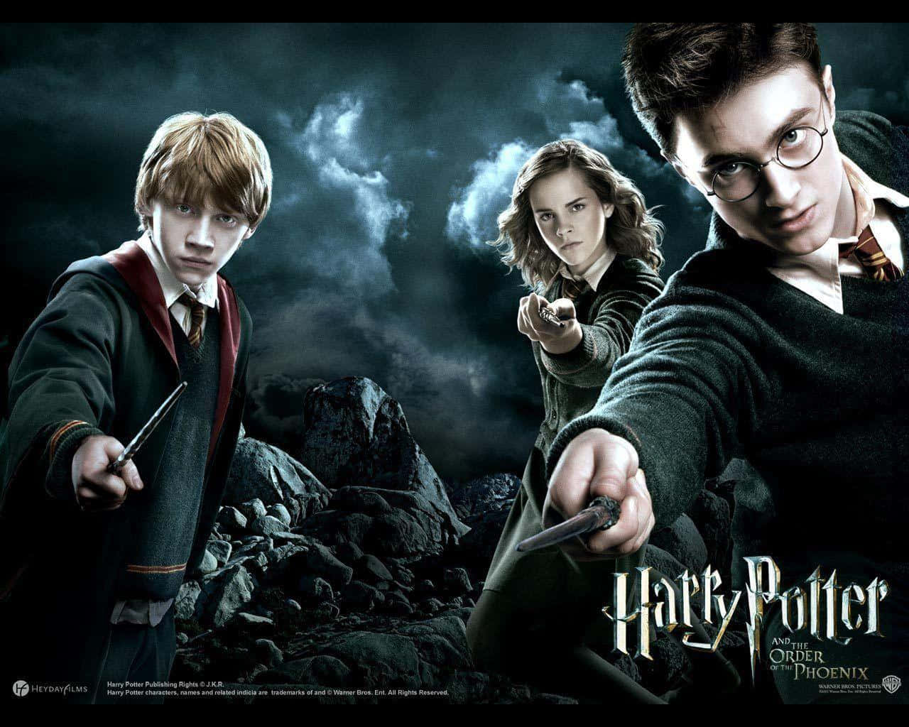 Harry Potter Ron ed Hermione con bacchette in cielo tempestoso — Immagini di fantasia Sfondi