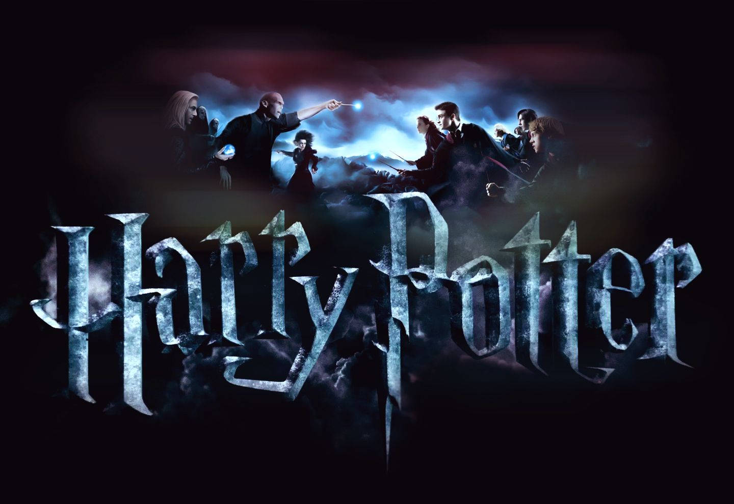 Harry Potter -hahmot loitsivat pimeällä myrskyisellä taivaalla hehkuvilla taikasauvoilla. — Harry Potter Taustakuvat
