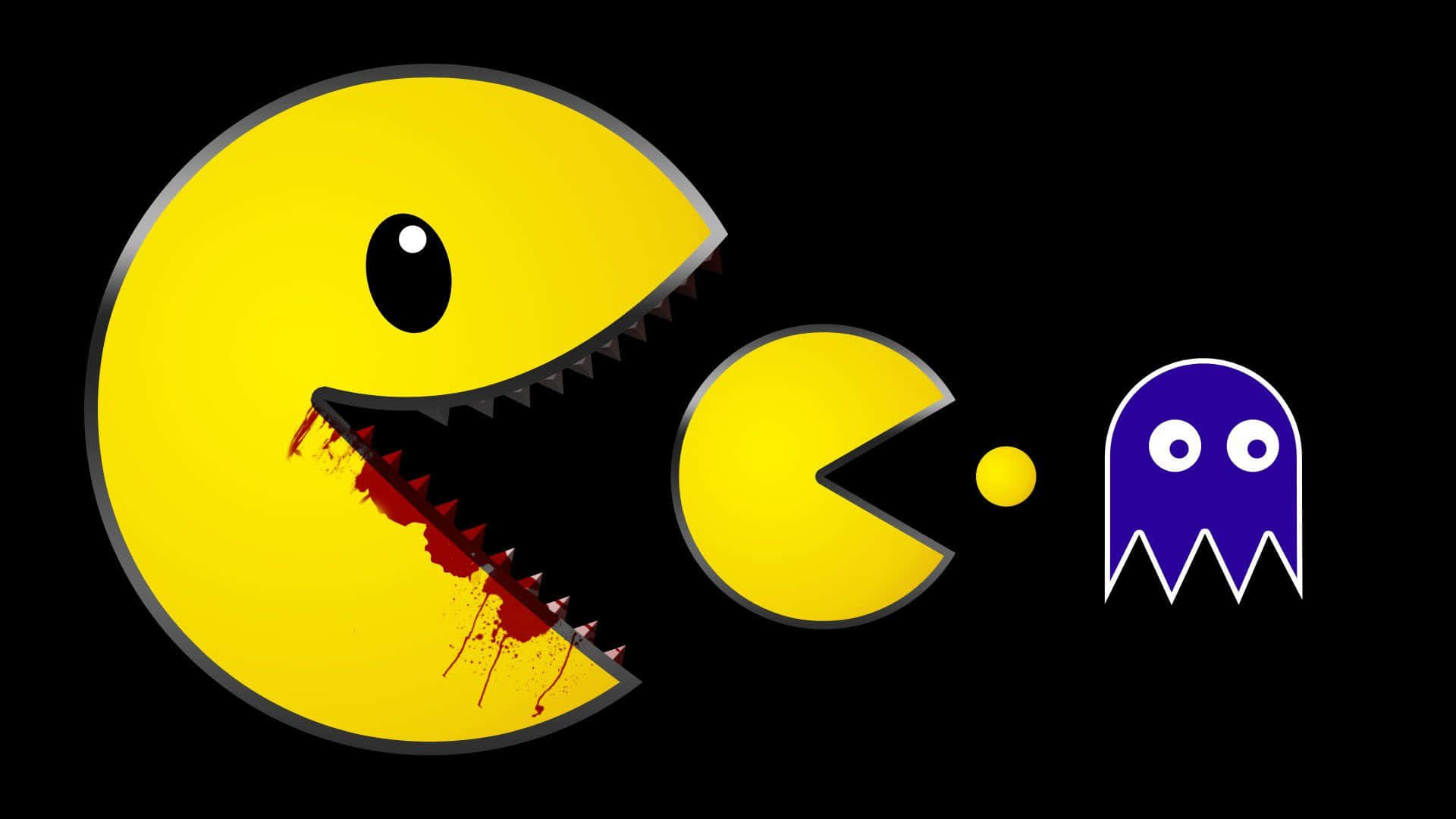 Pacman verisillä hampailla jahtaa pienempää pacmania ja violettia haamua.