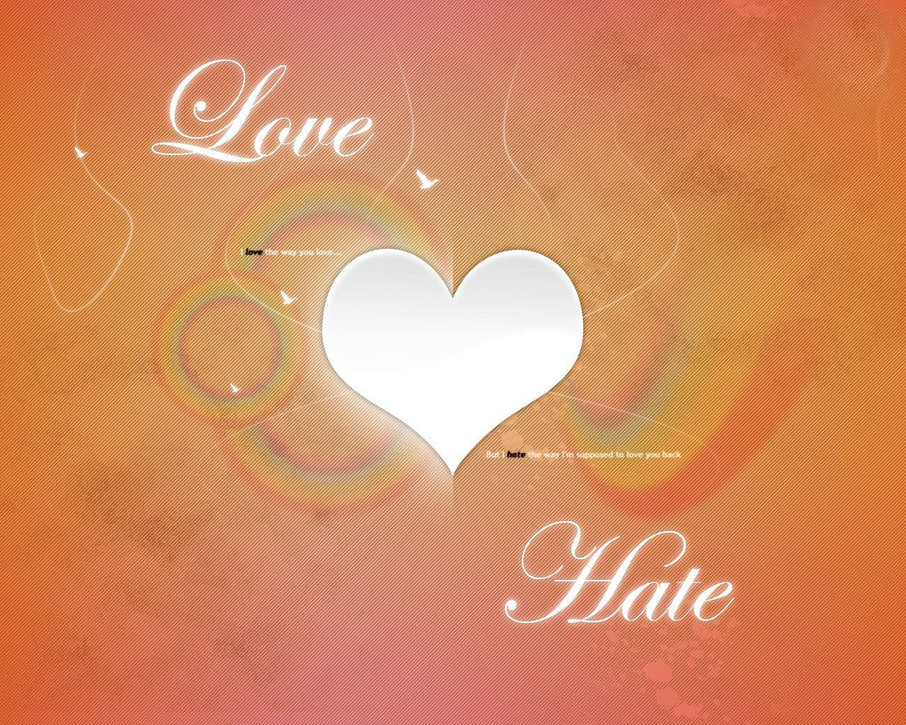 A white heart with the words Love and Hate in cursive script on a warm gradient background.