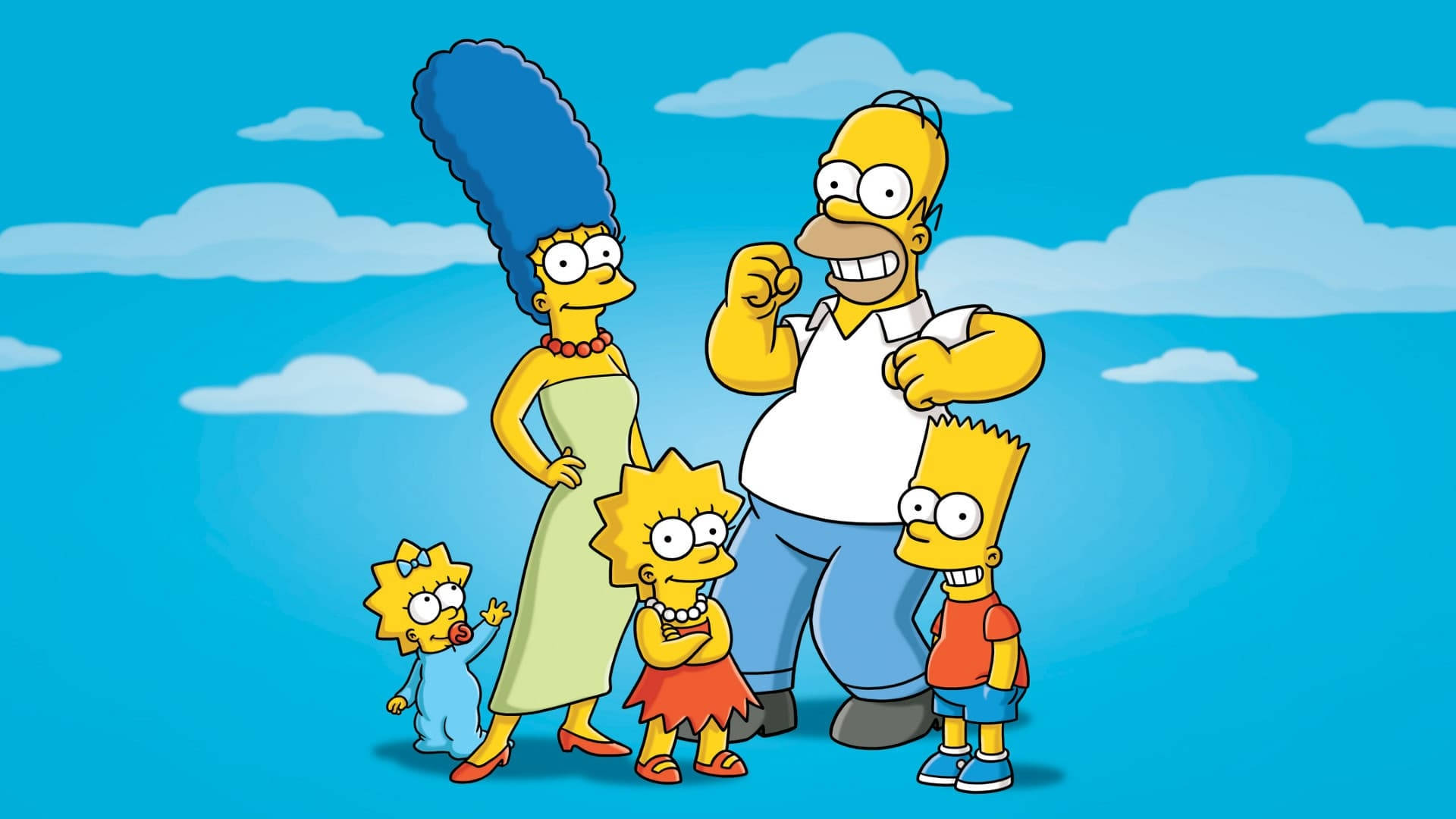 A família Simpson posa junta sob um céu azul com nuvens.