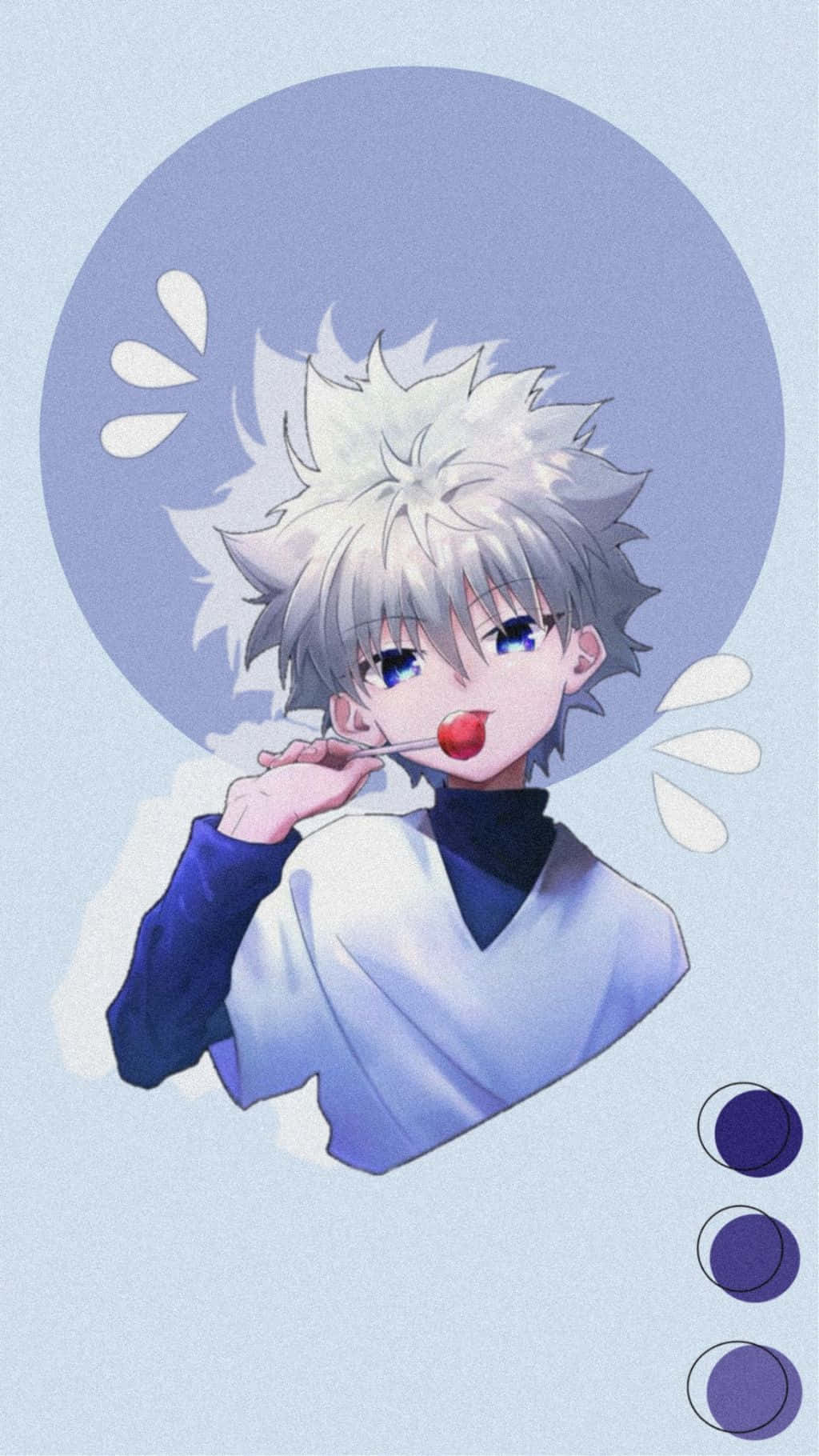 Anime-poika, jolla on valkoiset hiukset, nuolee punaista tikkaria laventelinväristä ympyrää vasten.