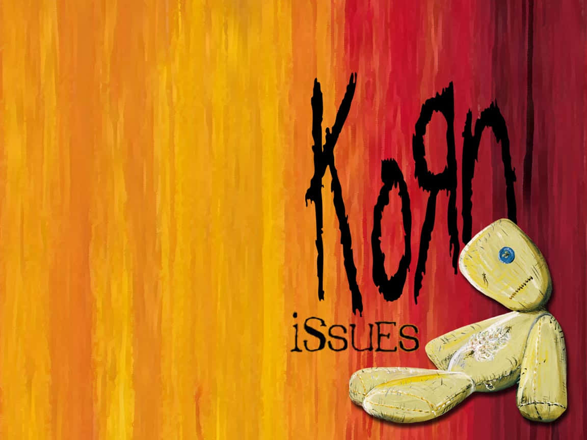 Een gele voodoopop naast de tekst Korn Issues op een kleurrijke achtergrond. — Cartoon Achtergronden