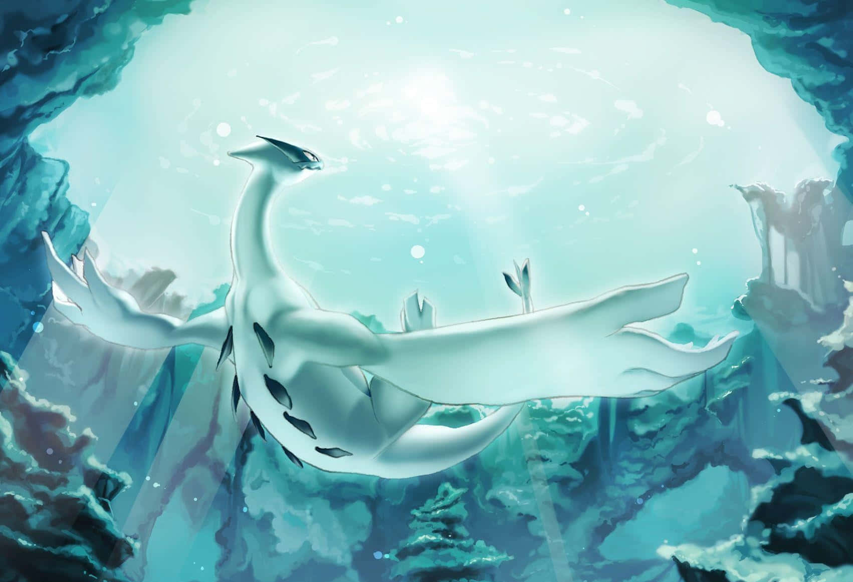 En hvit legendarisk Pokémon svømmer i en iskald undervannshule med blått lys. — Lugia Bakgrunner