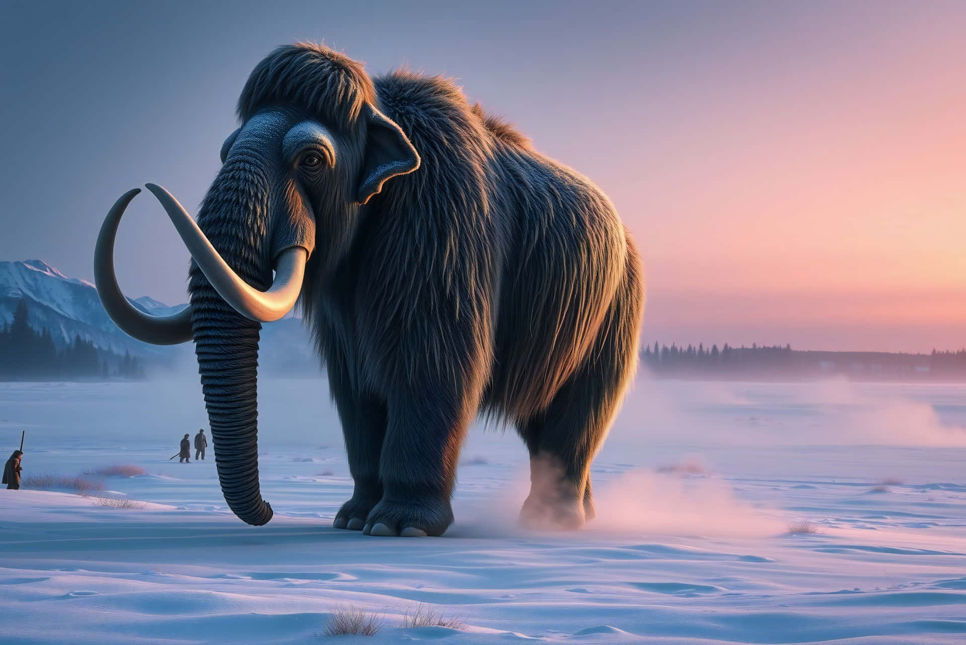 Un mammouth laineux dans une toundra enneigée avec des chasseurs au loin à l'aube. — Animal abstrait Fonds d'écran