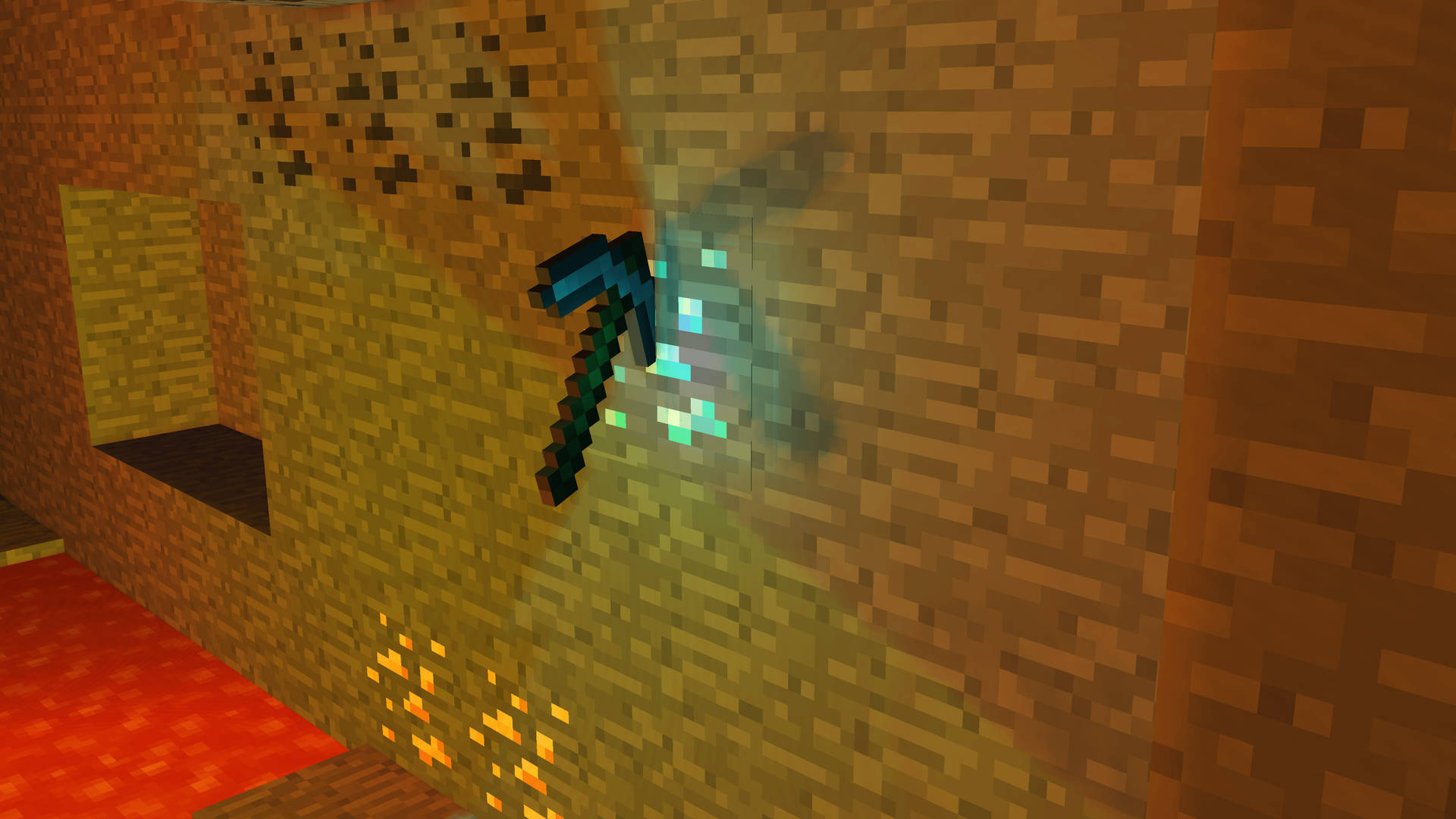 Diamantpicka fast i stenvägg med lavapöl nedanför i Minecraft-spel.