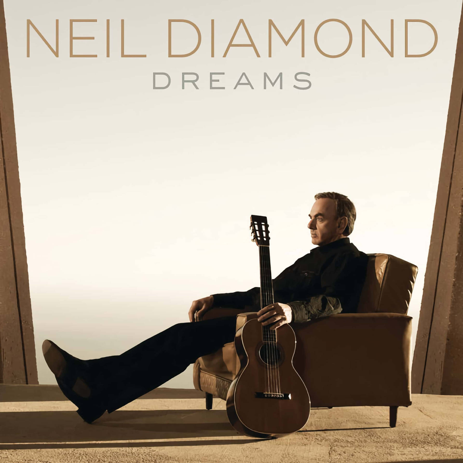 Neil Diamond seduto con chitarra in una stanza soleggiata che guarda fuori da una finestra. — Album Cover Sfondi