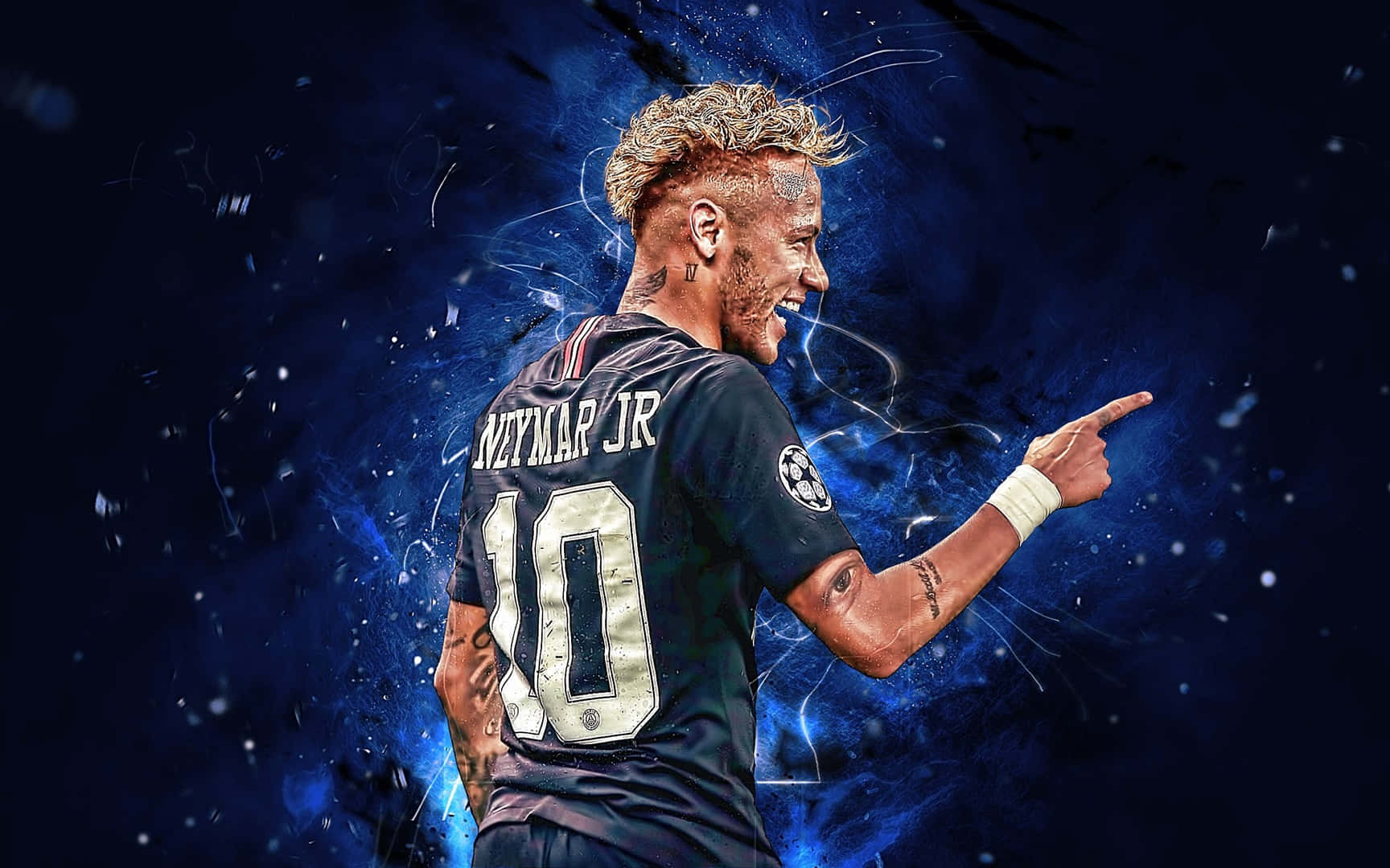 Neymar Jr in PSG jersey pointing with cosmic blue energy behind him. — Sports Wallpaper