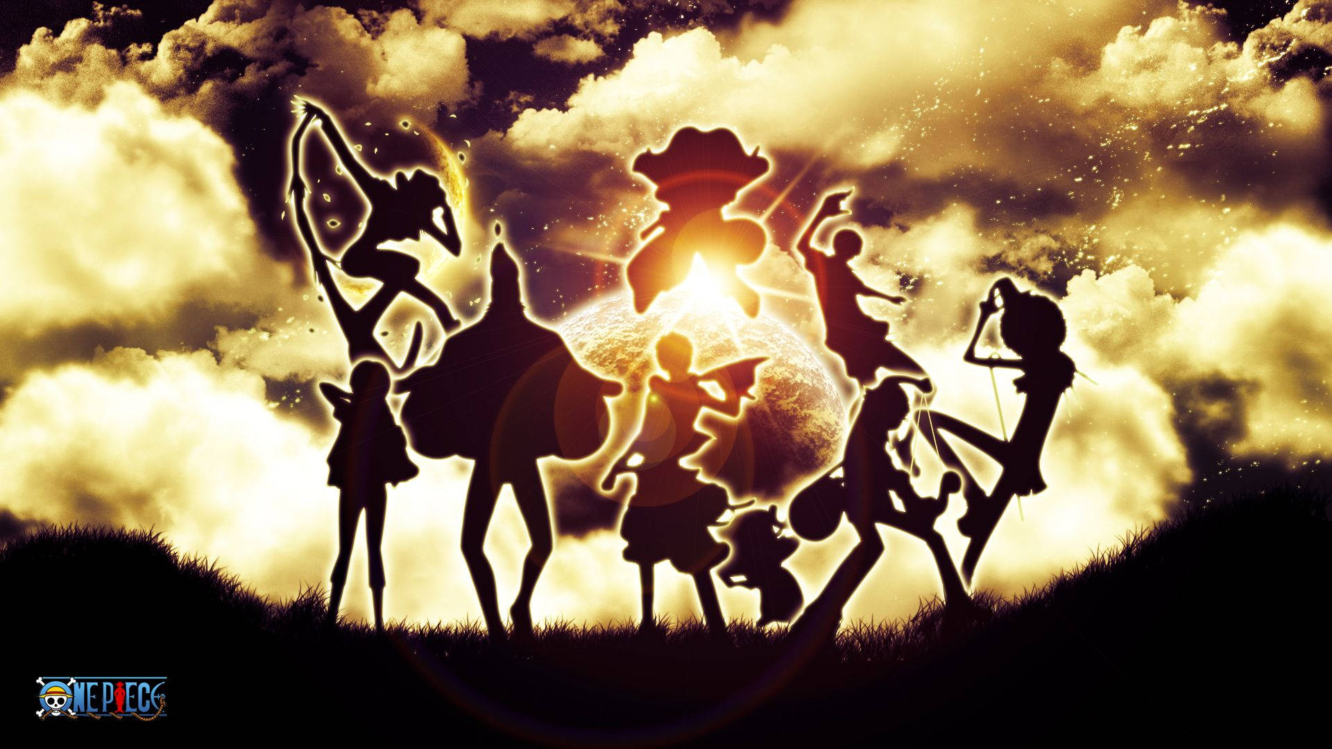 Personajes de anime en silueta contra un cielo dorado al atardecer con nubes.