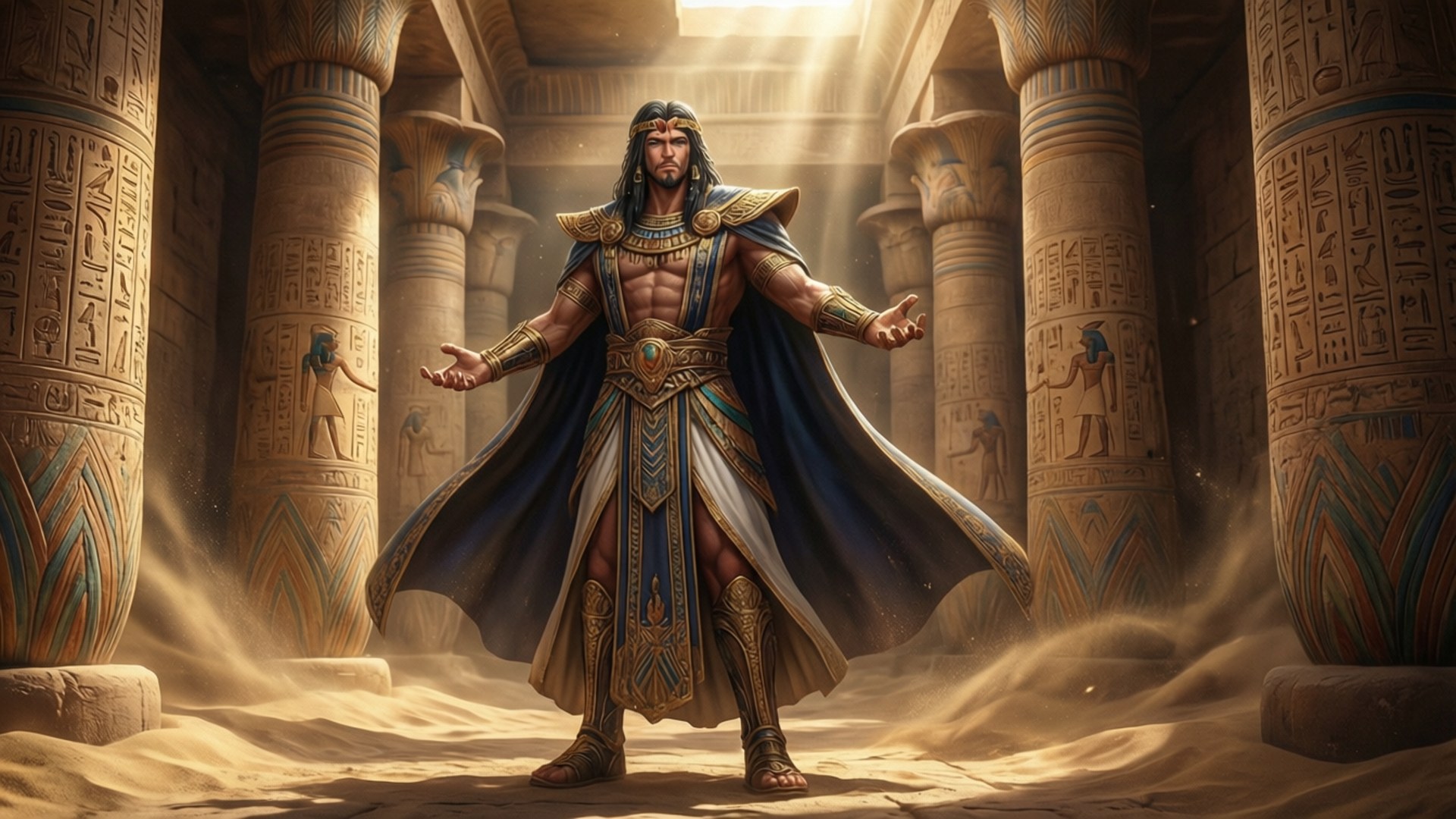 Ozymandias in a majestic temple with golden light and swirling sand. wallpaper