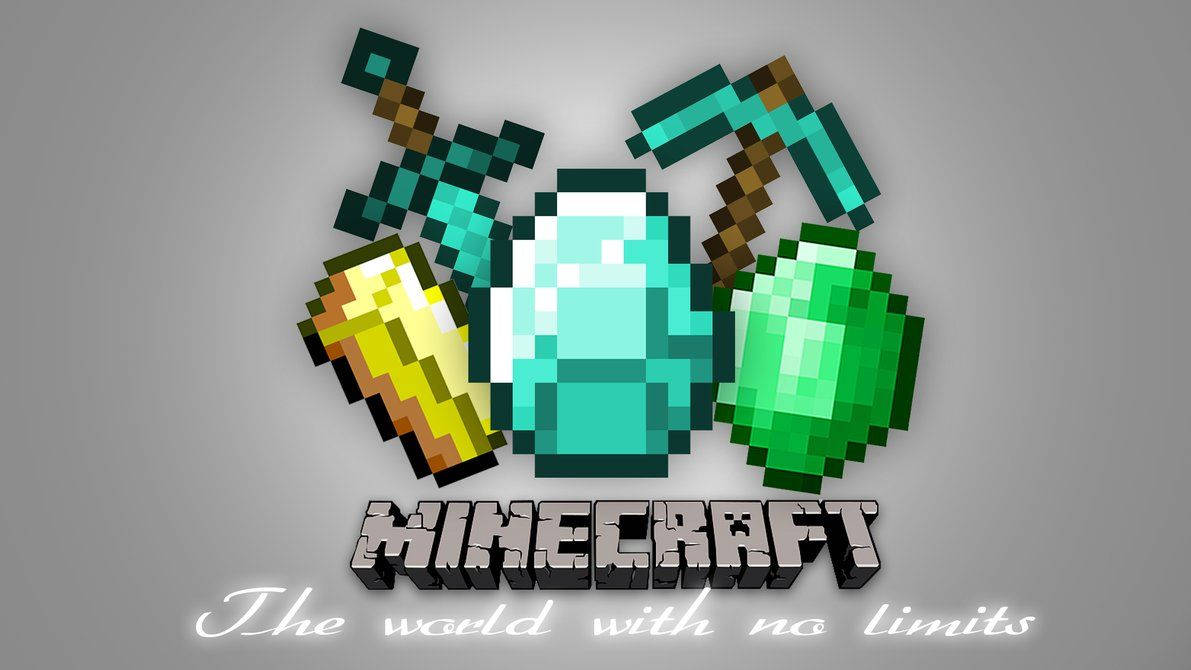 Minecraft spel logotyp med pixelated diamantsvärd hacka och tackor.