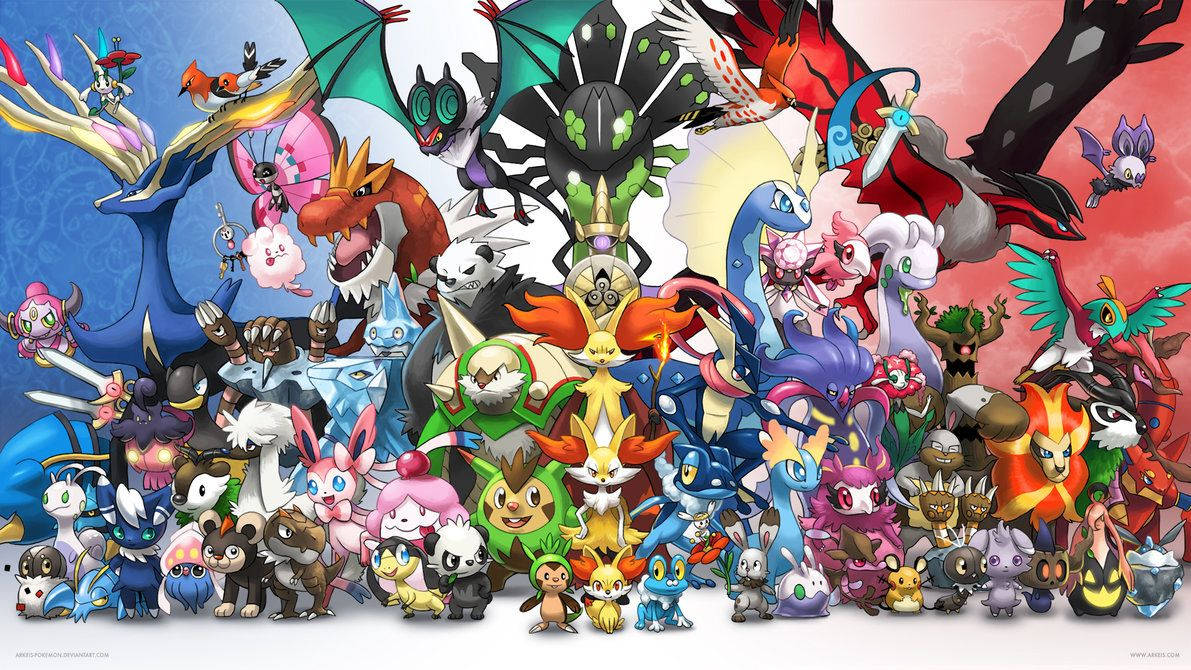 A colorful group of Pokémon characters in anime style posing together.