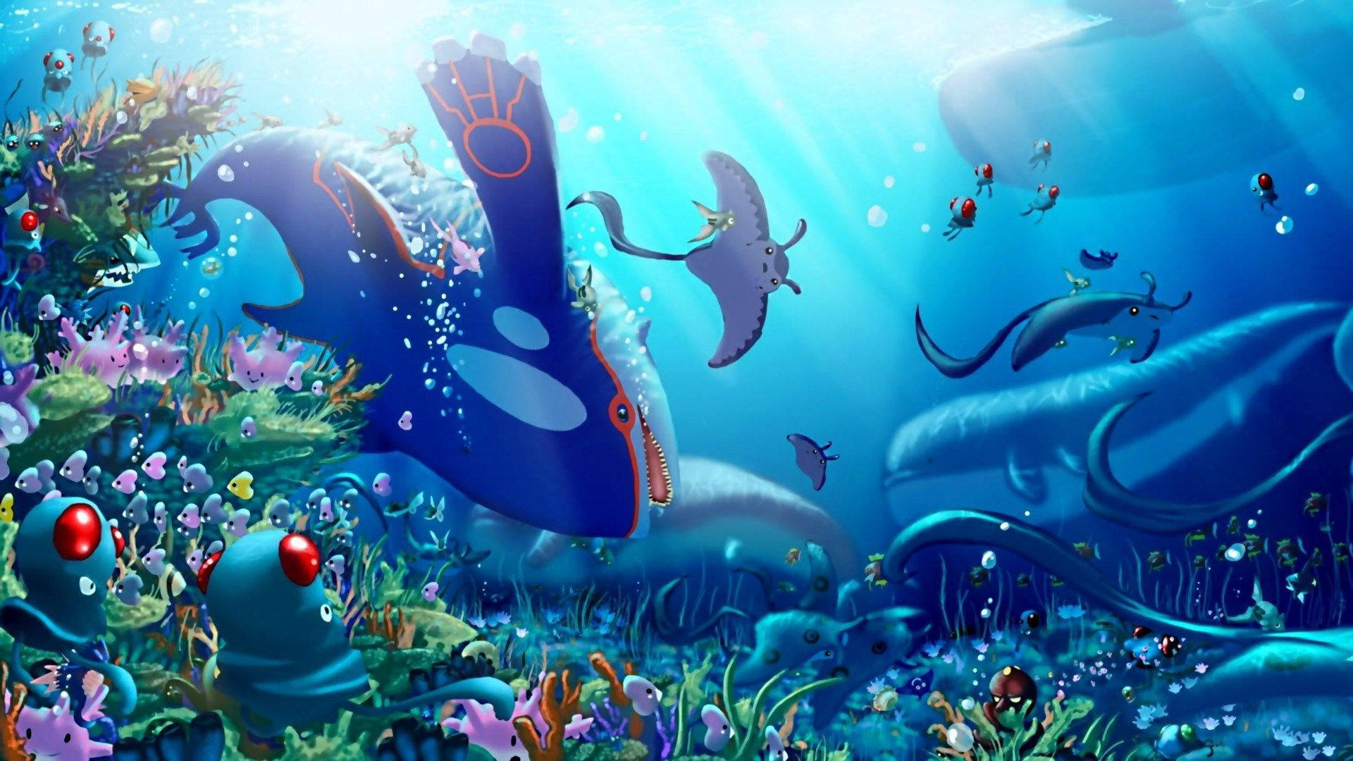 Mundo subaquático deslumbrante com peixes brilhantes e criaturas gigantes semelhantes a baleias entre recifes de coral.