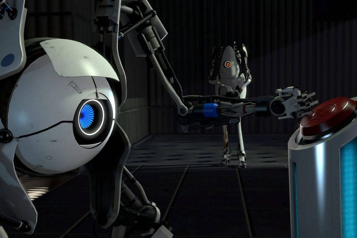 Atlas Trykker På En Rød Knap Portal 2 Dobbelt Skærm Wallpaper