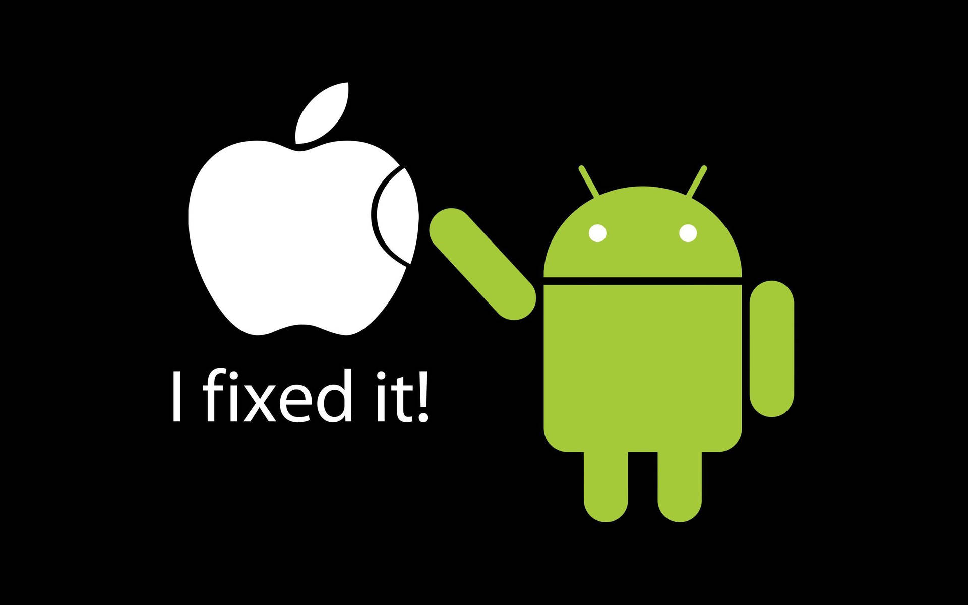 Funny Android And Apple Fan Art Wallpaper — Green Android mascot holds a wrench and points to a cracked white Apple logo with text I fixed it!