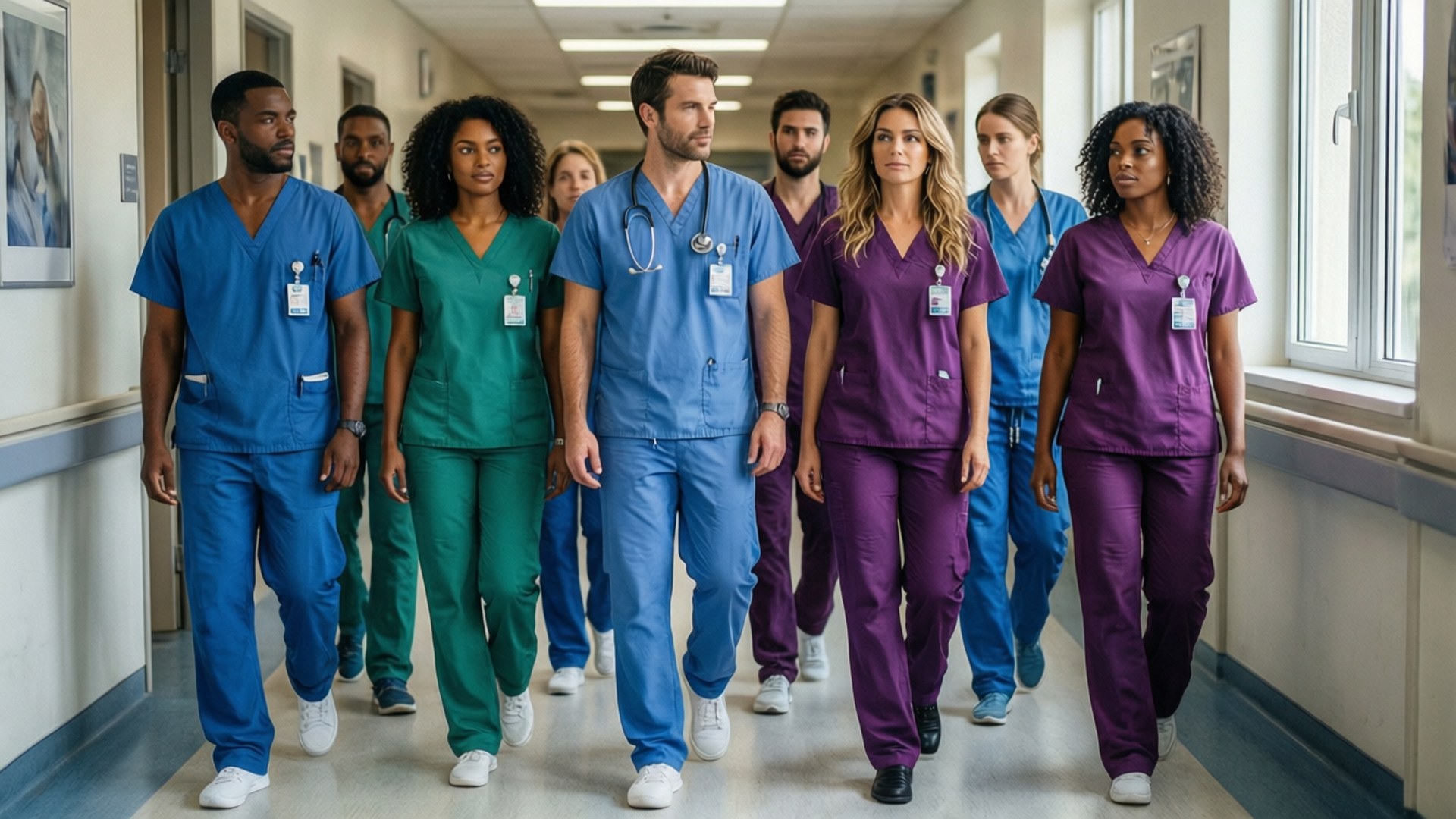 Une équipe diversifiée de professionnels de la santé en tenues médicales colorées marchant dans un couloir d'hôpital