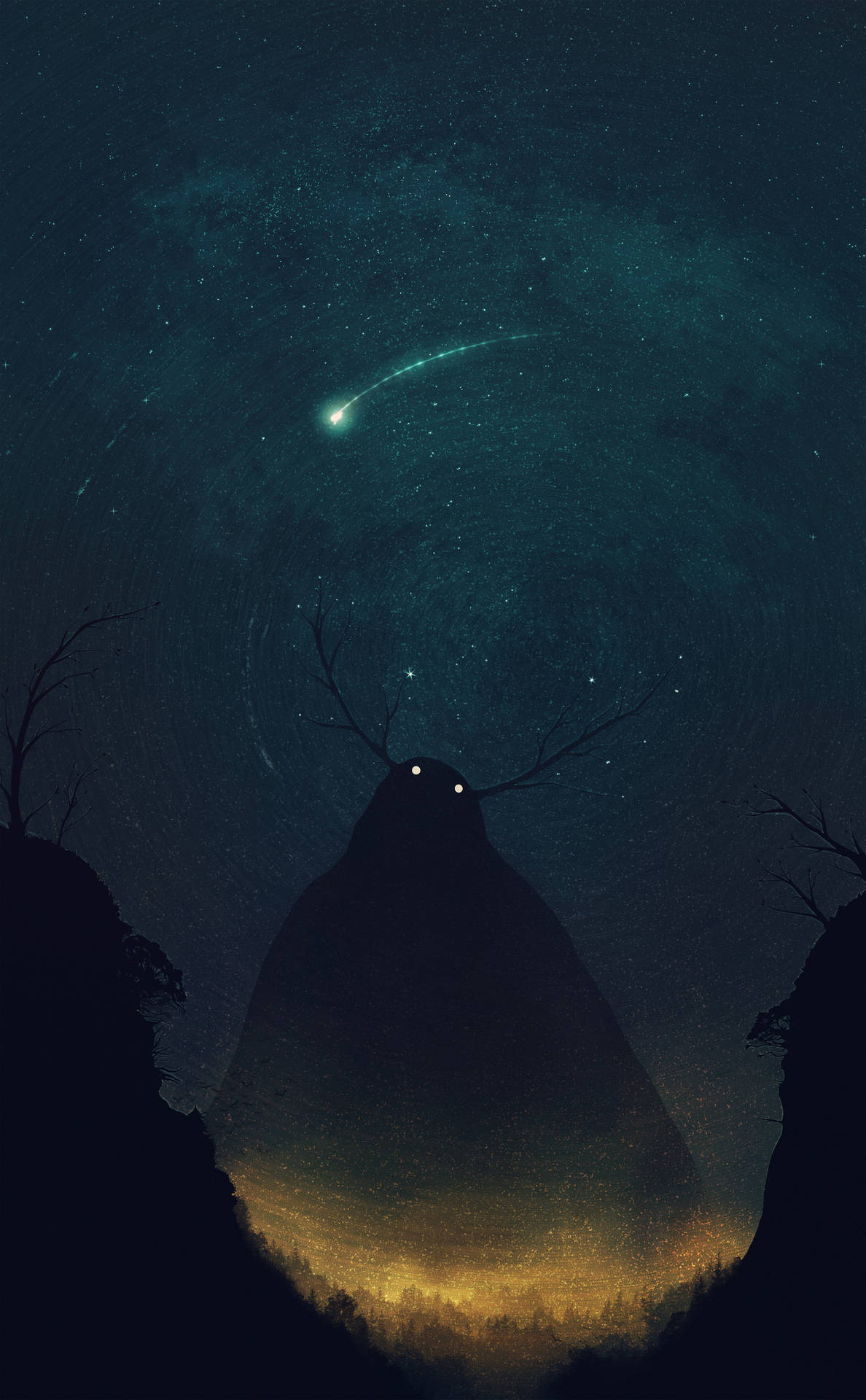 Una criatura gigante con cabeza de ciervo observa un cometa brillante en un cielo nocturno estrellado.
