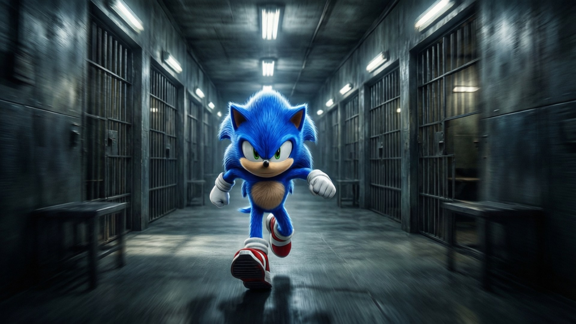 Fondo de pantalla de Sonic speeds through a gritty prison hallway in this dynamic 16:9 wallpaper.