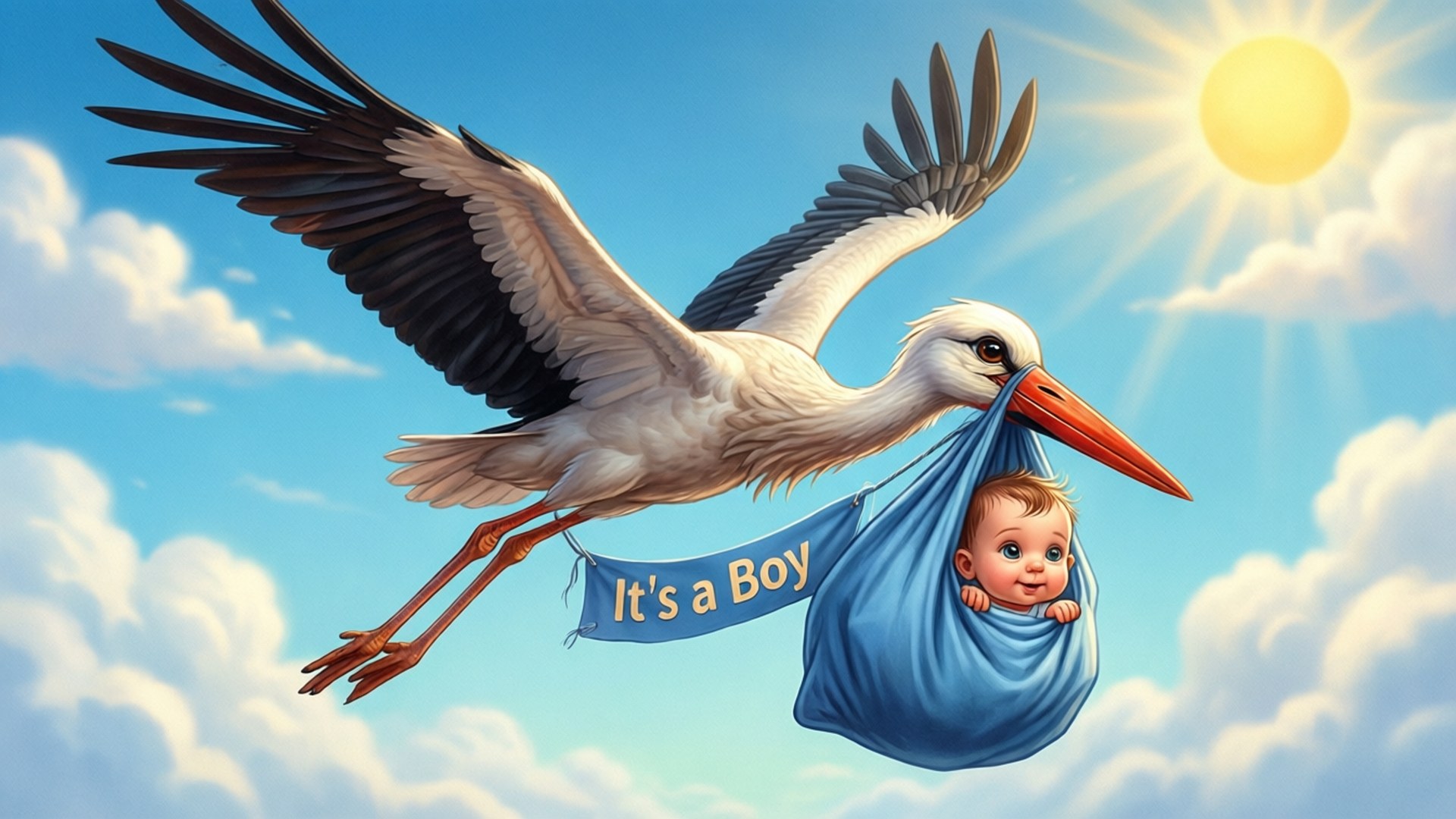 Wallpaper Stork delivering a baby boy in cartoon style.