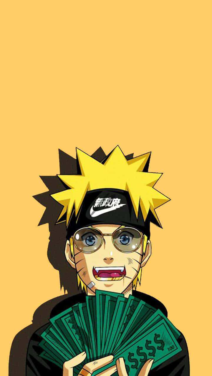Il personaggio anime Naruto tiene un ventaglio di banconote verdi da dollaro su uno sfondo giallo. — iPhone Pagani Sfondi