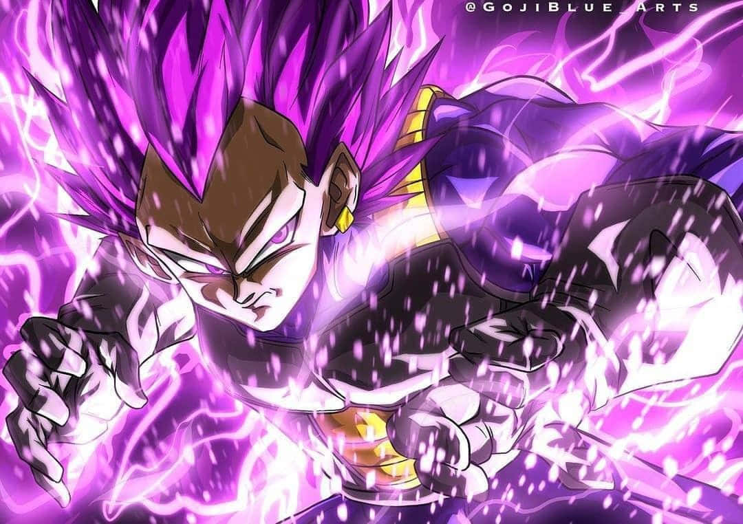 Anime character with purple hair and glowing eyes unleashing energy in a dynamic pose.