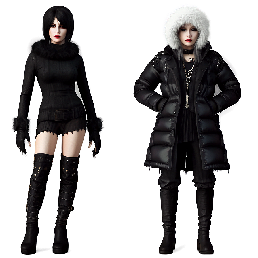Dos mujeres en moda invernal negra posando en un estudio oscuro con reflejos brillantes — Moda de invierno Fondos de pantalla