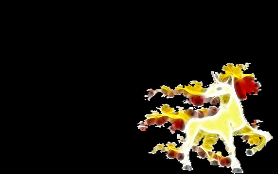 Une représentation stylisée du Pokémon Rapidash, composée de fragments colorés en forme de flamme sur fond noir.