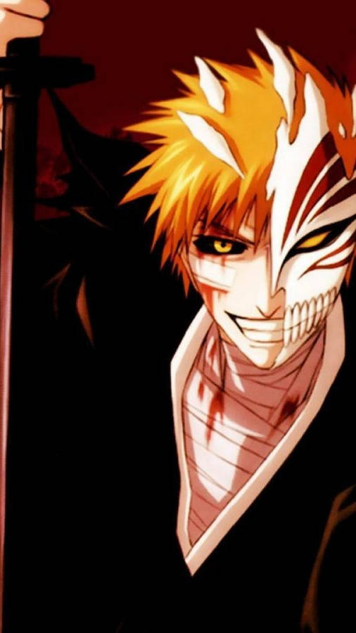 Ichigo med et creepy smil i sin hollow form i et Bleach kunst bakgrunnsbilde.