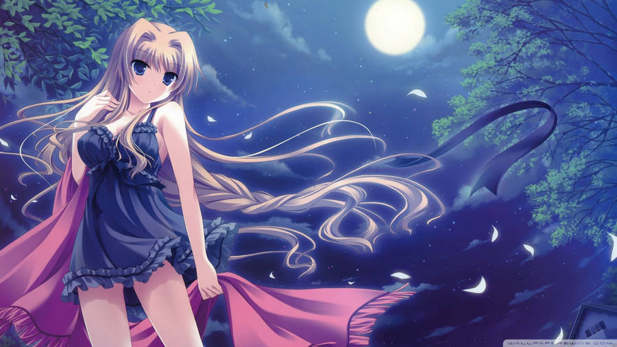 Animejente iført lingerie under en fullmåne bakgrunn