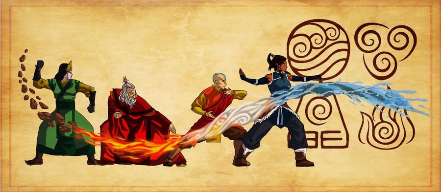 Avatar Le Dernier Maître de l'Air quatre avatars utilisant leurs pouvoirs.