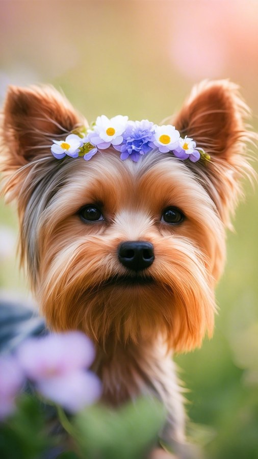 Lunefullt Yorkshire Terrier portrett med en blomsterkrone, myk bokeh-bakgrunn.
