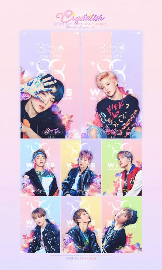 BTS leden in roze en vrouwelijke achtergrond.