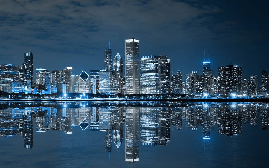 Wallpaper Garis Langit Chicago dalam Cahaya Biru.