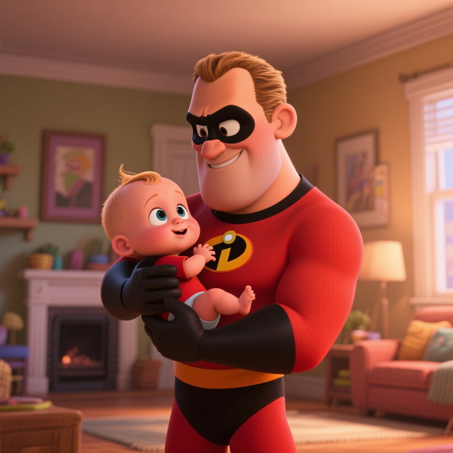 En öm stund av Mr. Incredible med sin lilla son Jack-Jack.