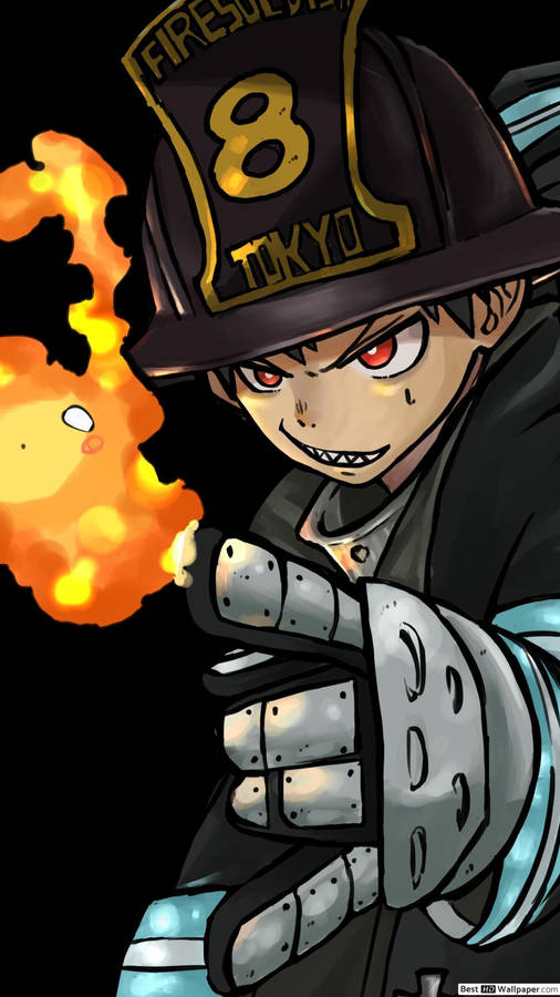 Fire Force Shinra Kusakabe membuat bola api dengan tangan yang dilapisi sarung tangan wallpaper.
