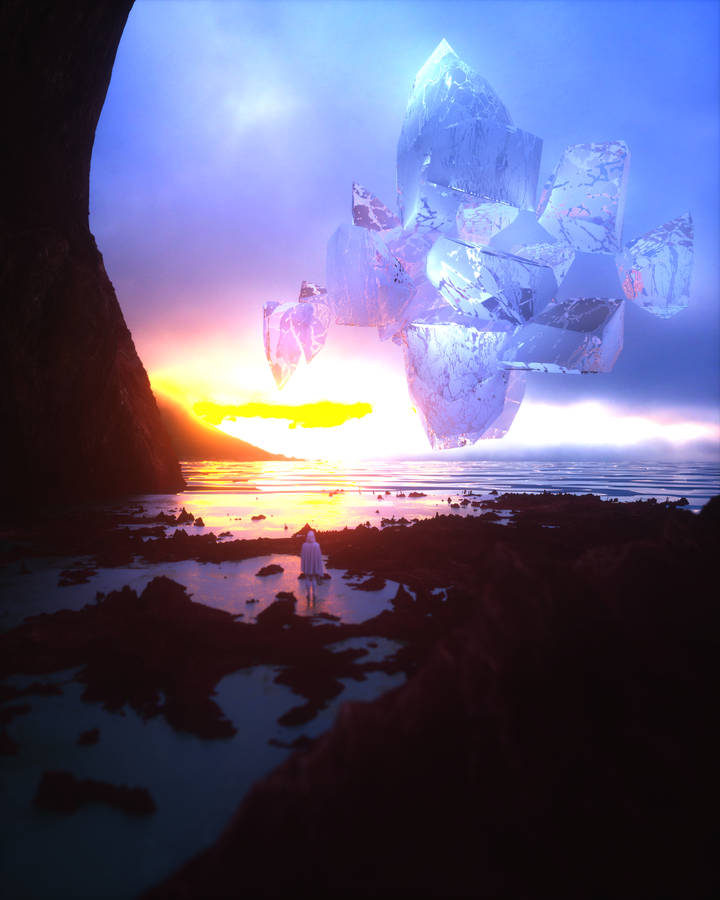 Preview wallpaper landscape, fantastic, sunset, sea, rocks, silhouette, crystal