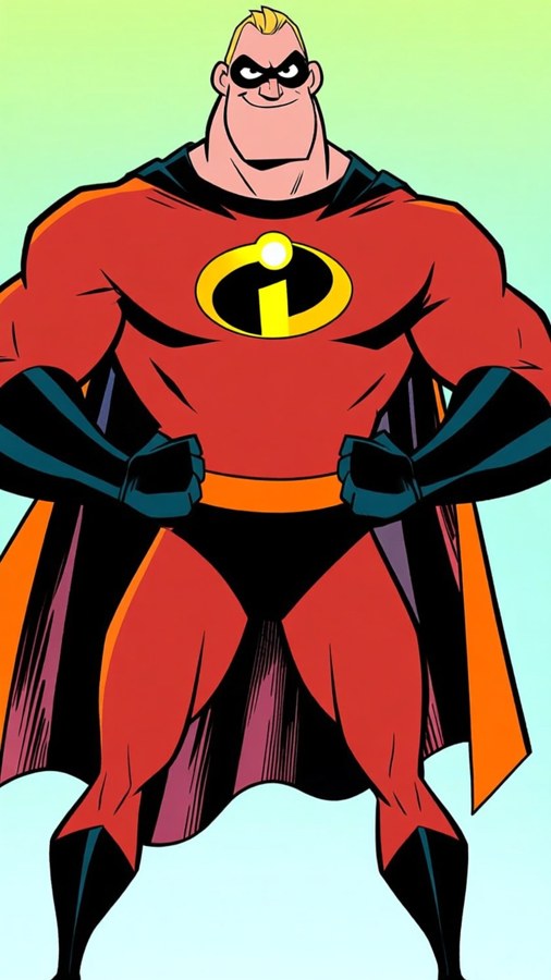 Mr. Incredible adota uma postura clássica de super-herói, cheio de confiança.