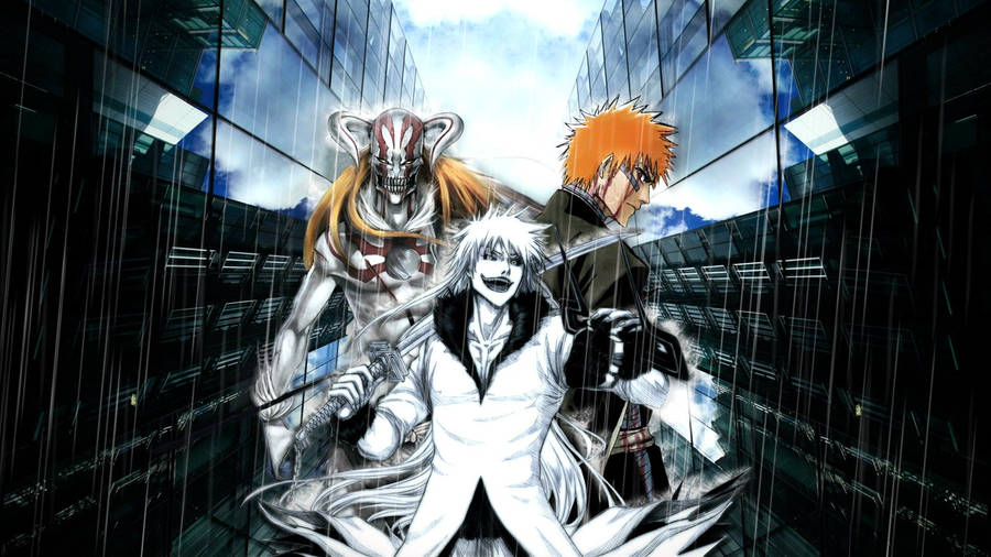 Ichigo avec des formes Hollow de Zangetsu dans un fond d'art fan de Bleach.