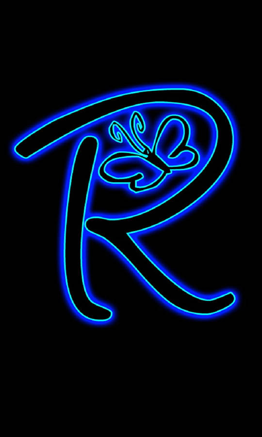 LetraR em contorno azul.
