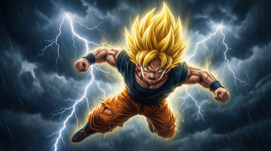 Goten lentää myrskyn läpi Super Saiyan -hehkulla