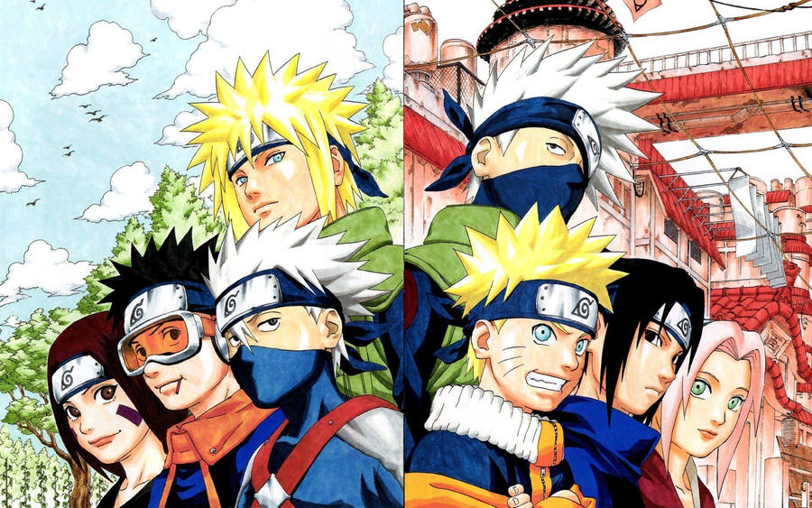 Minato med sitt lag och Kakashi med sitt lag, Naruto, Sasuke och Sakura.