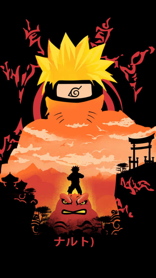 Opera d'arte stilizzata con una silhouette di Naruto su una volpe con caratteri giapponesi, su sfondo arancione e nero con elementi tradizionali.